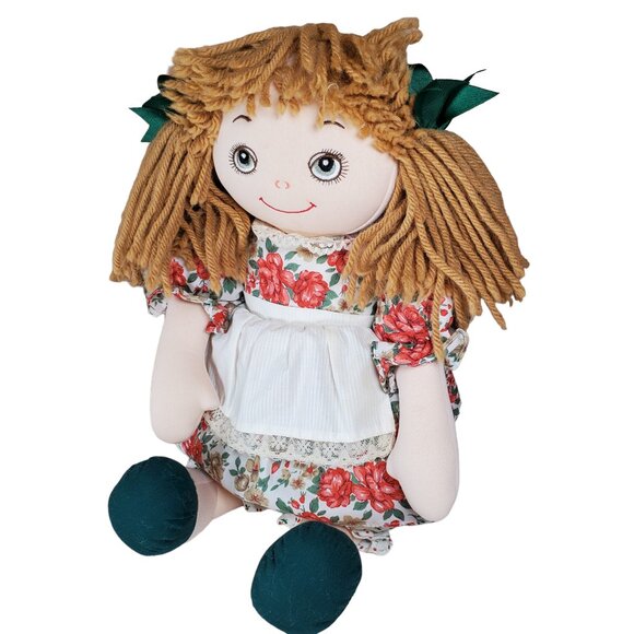 Vintage 1991 Commonwealth Toy Rag Doll Yarn Hair Floral Dress Stitched Face 17" - Picture 1 of 6